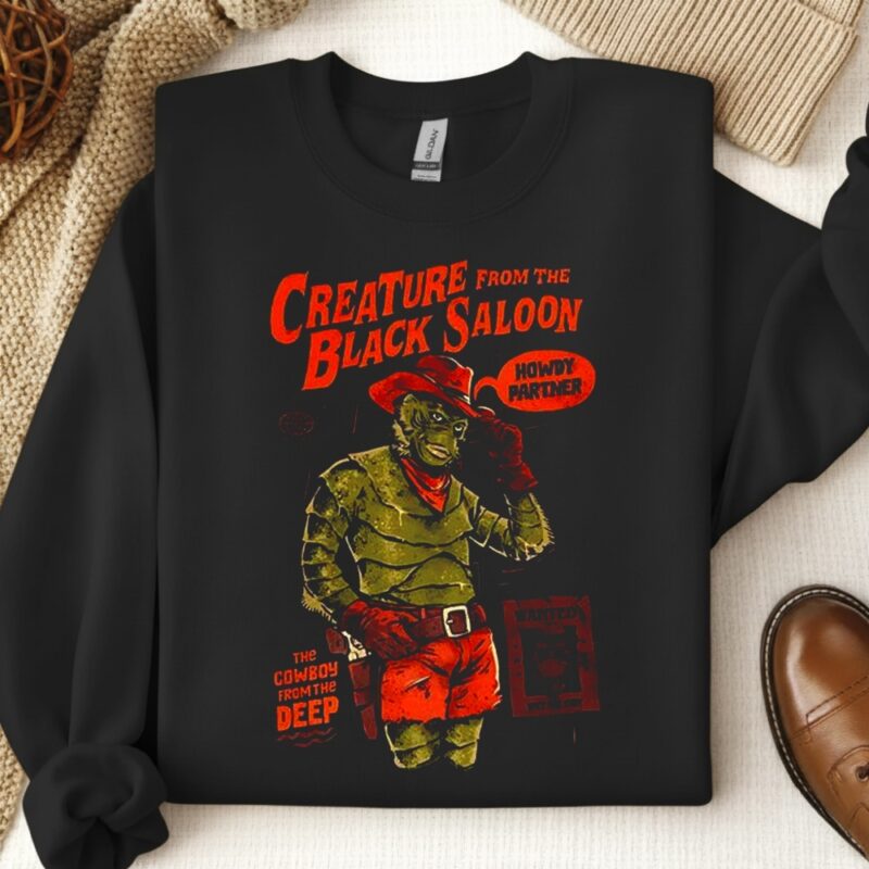 Gill-man Creature from the Black Saloon The cowboy from the deep wanted_Crewneck Sweatshirt