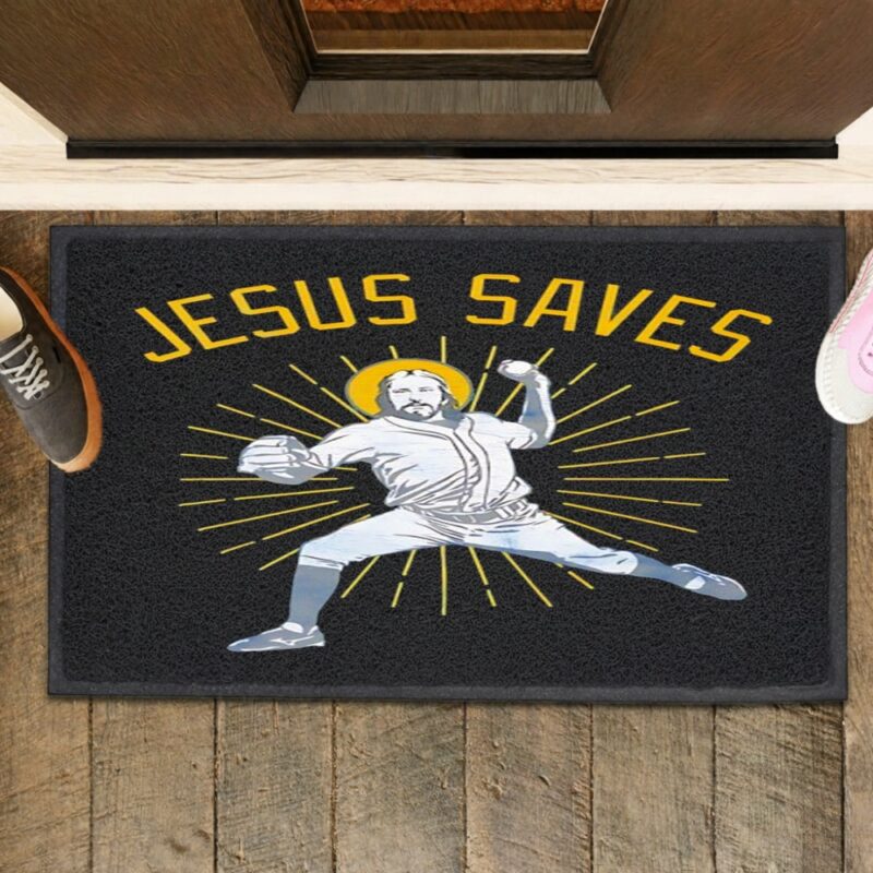 Jesus Saves Baseball player graphic_Rubber Doormat