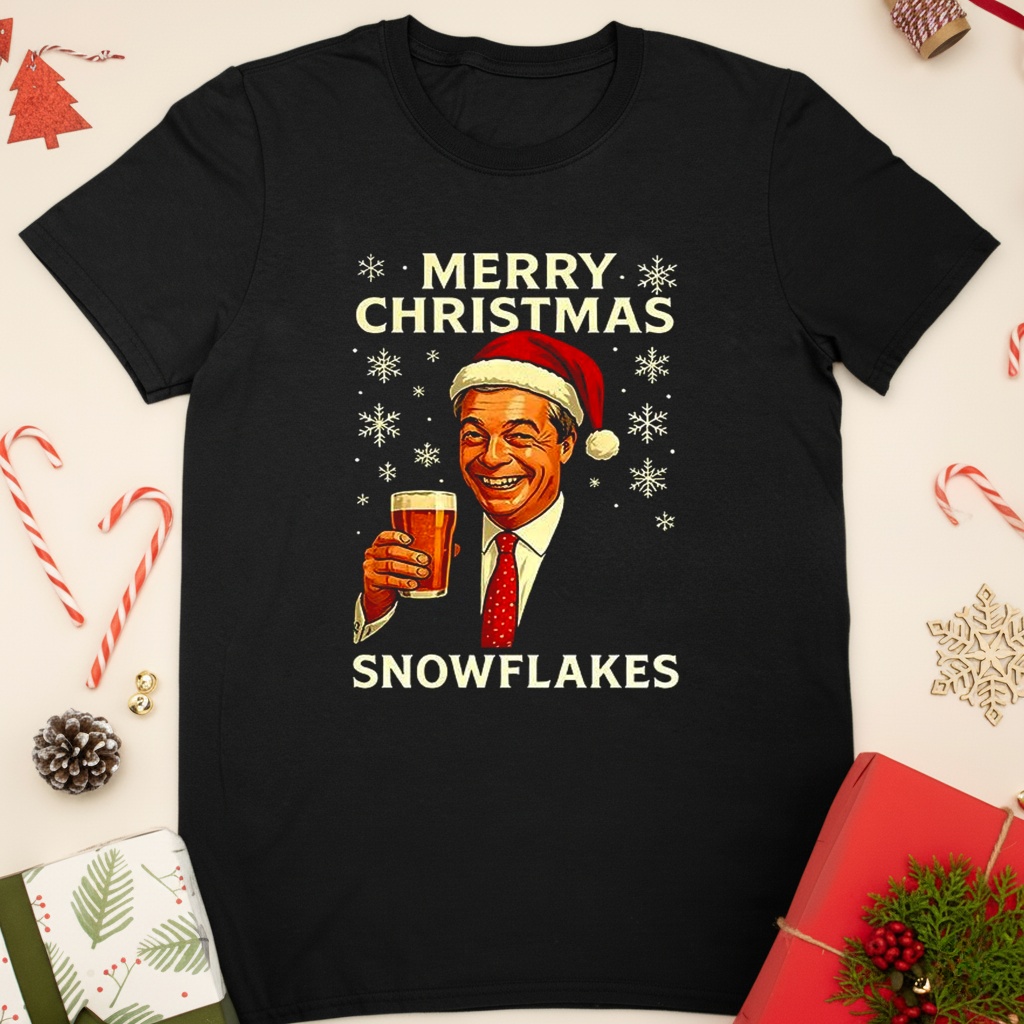 Nigel Farage raises his glass reform merry Christmas snowflakes caricature shirt