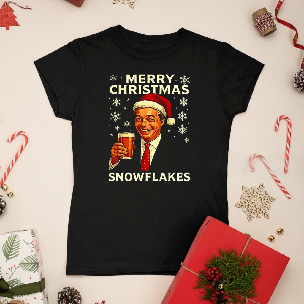 Nigel Farage raises his glass reform merry Christmas snowflakes caricature shirt