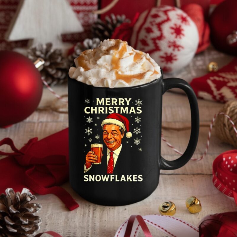 Nigel Farage raises his glass reform merry Christmas snowflakes caricature_Mug
