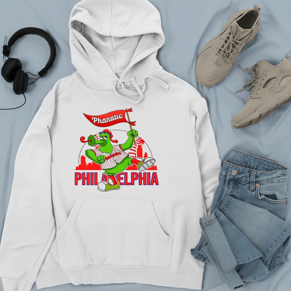 Phillie Phanatic dancing Philadelphia Phillies baseball skyline mascot shirt