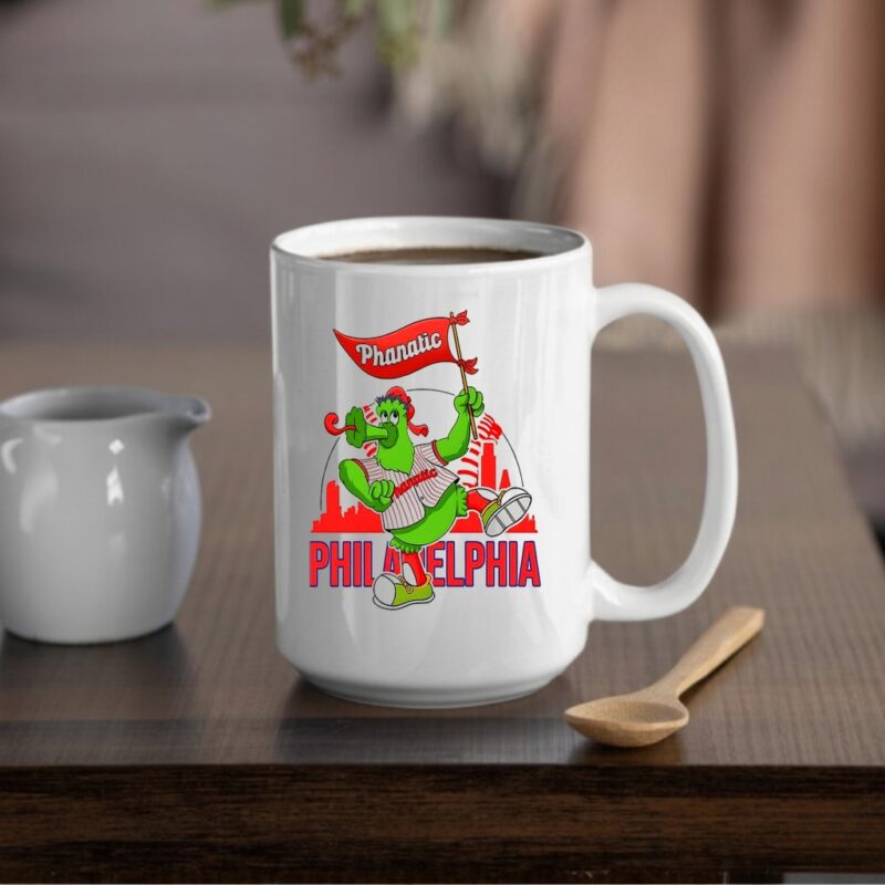 Phillie Phanatic dancing Philadelphia Phillies baseball skyline mascot_Mug
