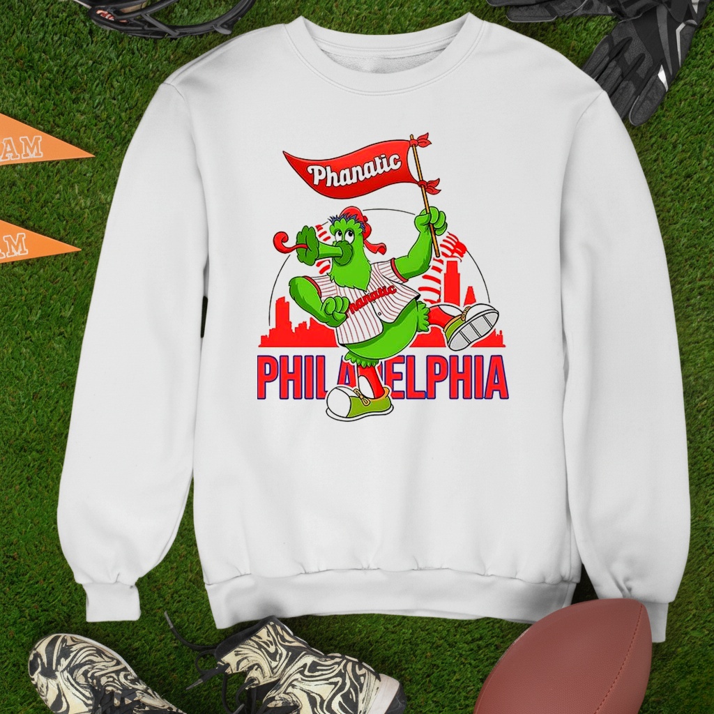Phillie Phanatic dancing Philadelphia Phillies baseball skyline mascot shirt