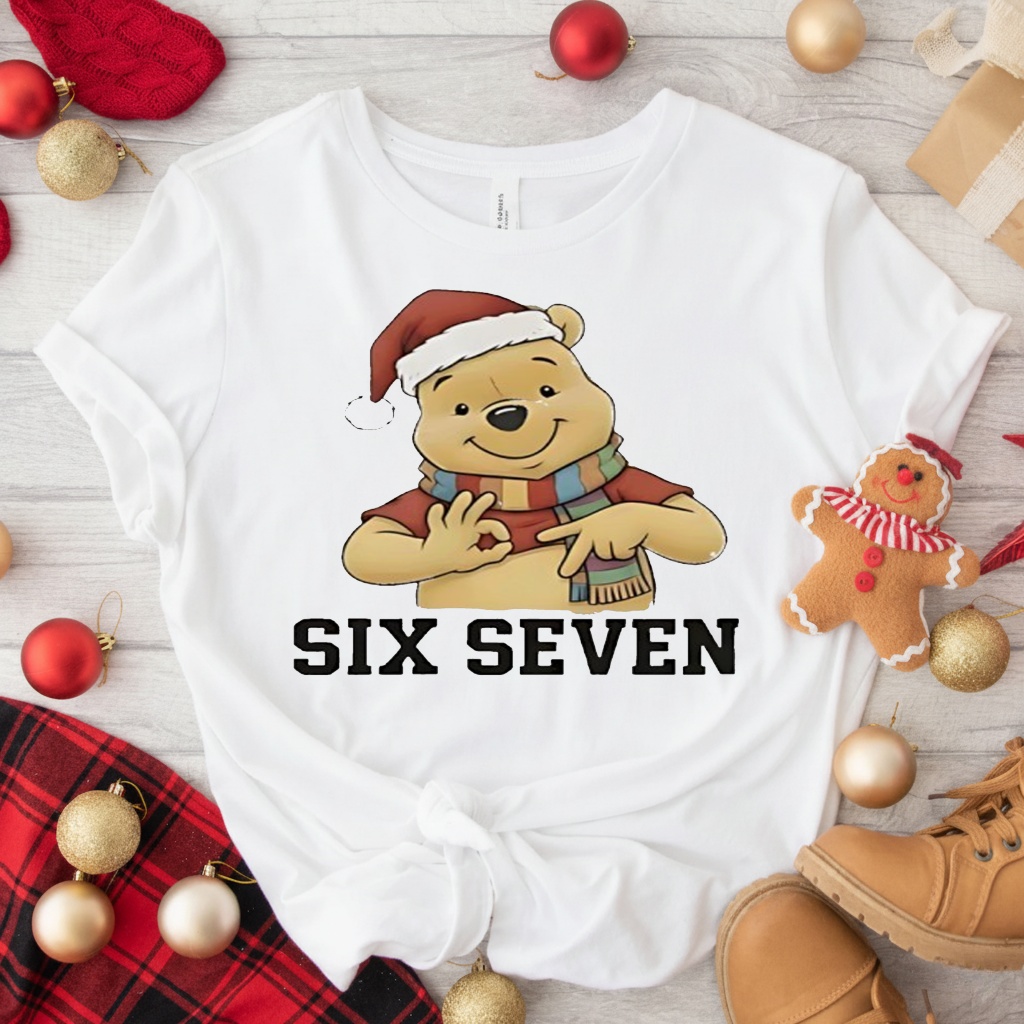 Pooh Santa hat Six Seven graphic shirt