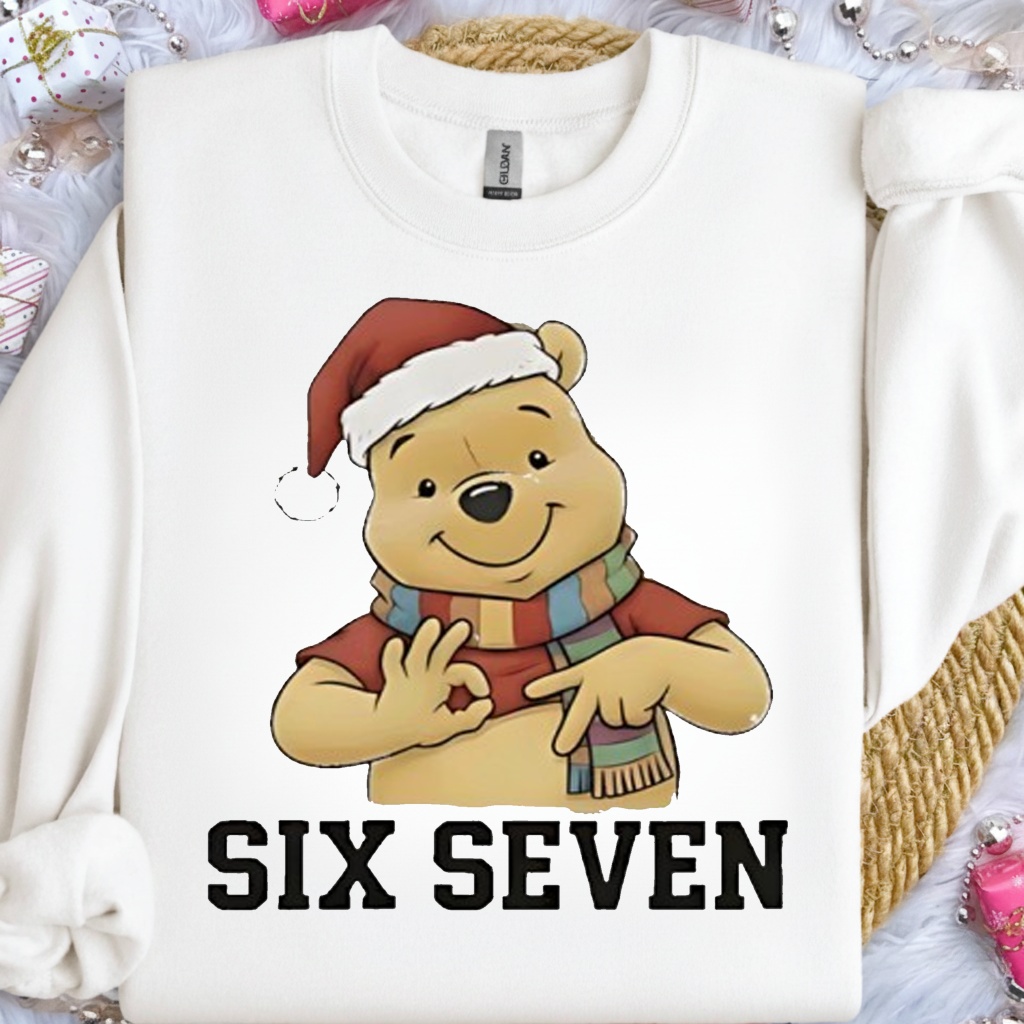 Pooh Santa hat Six Seven graphic shirt