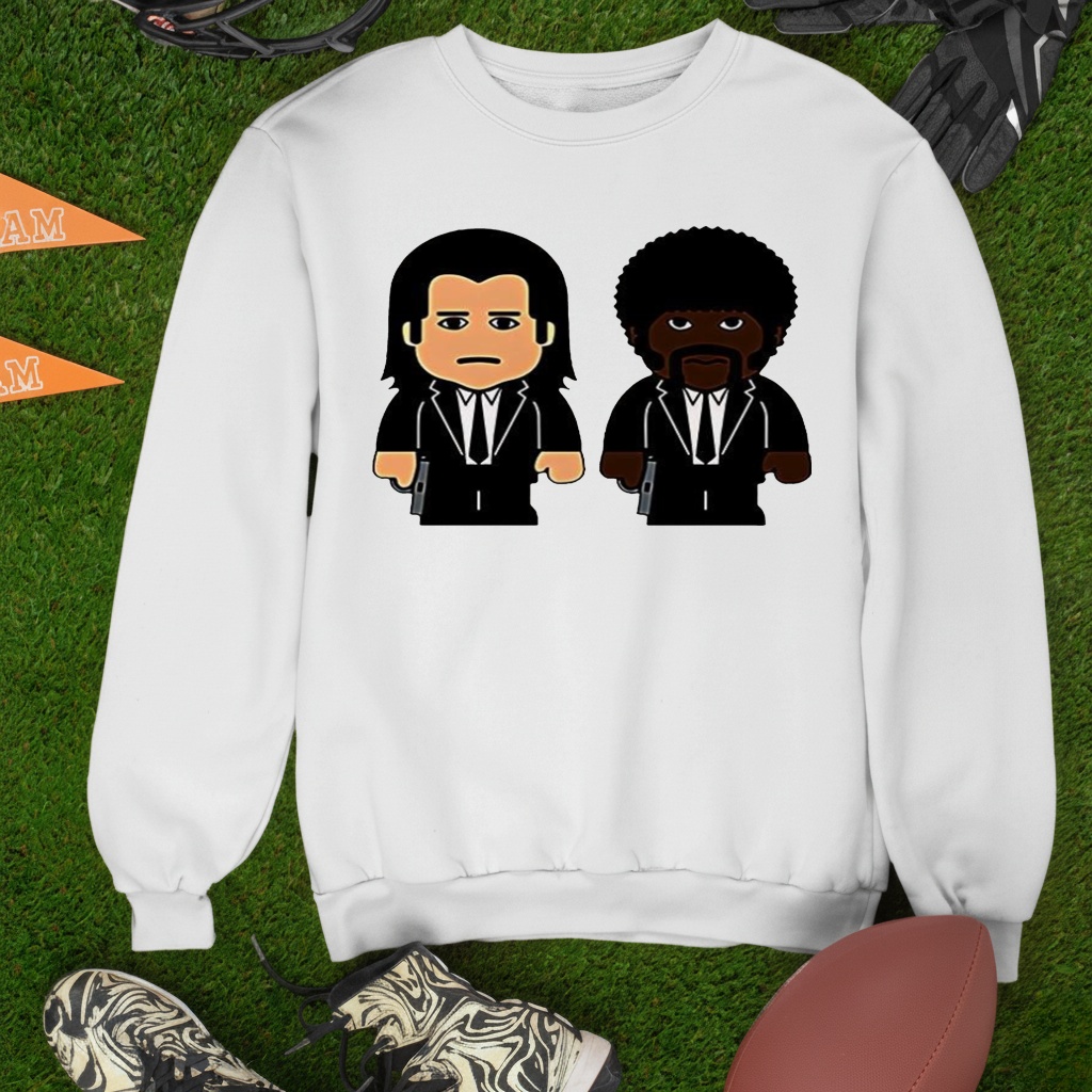 Samuel L Jackson wearing Pulp fiction Jules Winnfield and Vincent Vega cartoon shirt