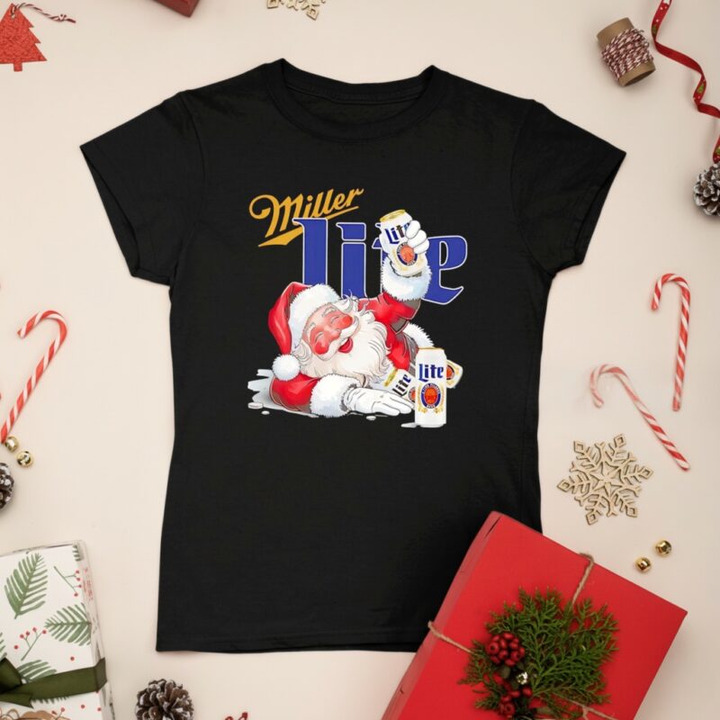 Santa Claus holding Miller Lite beer holiday Christmas_Ladies T-Shirt