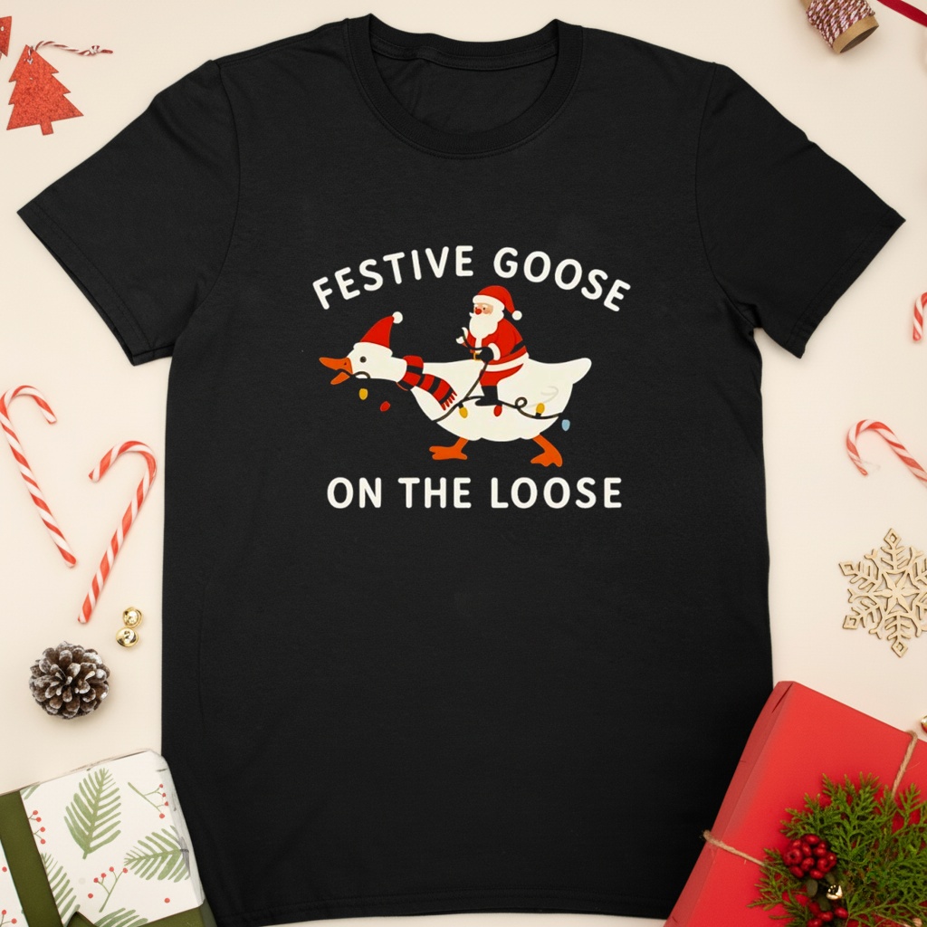 Santa Claus riding goose festive goose on the loose Merry Christmas shirt