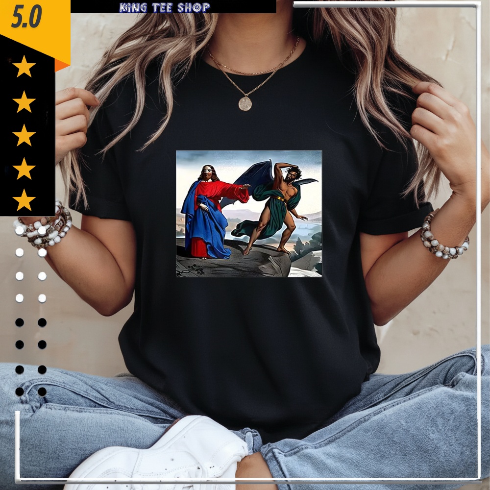 Jesus Satan tempts Christ on the mountain graphic shirt
