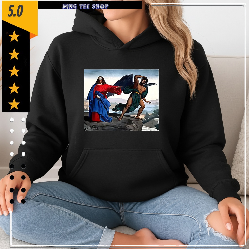 Jesus Satan tempts Christ on the mountain graphic shirt