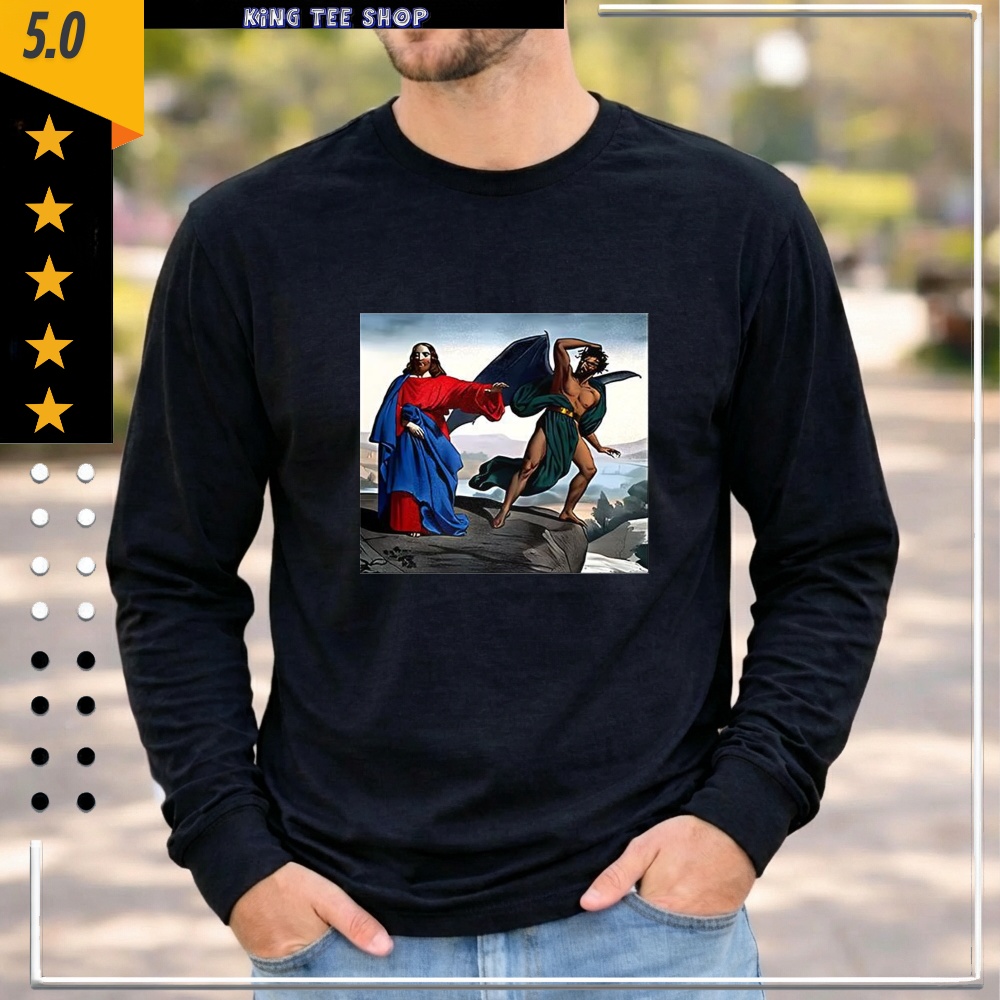 Jesus Satan tempts Christ on the mountain graphic shirt