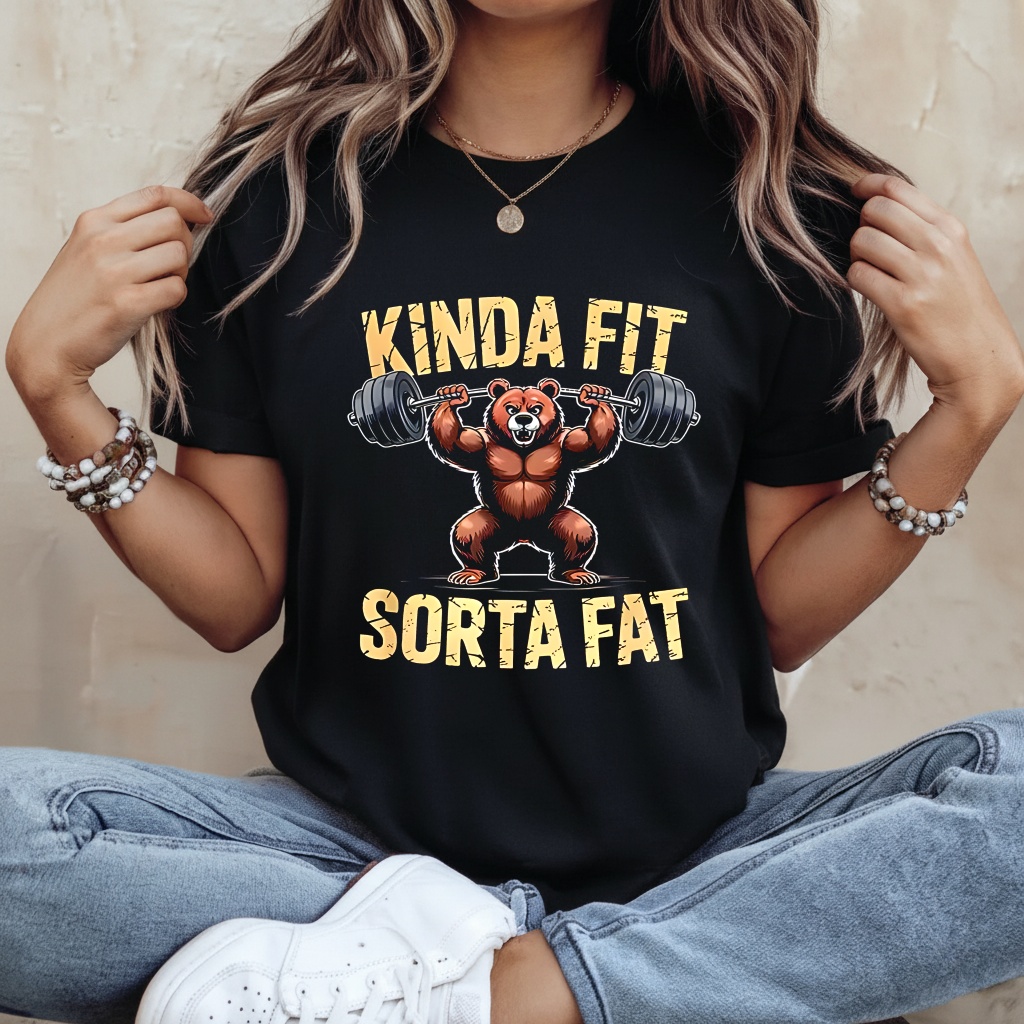 Kinda fit sorta fat Bear gym weightlifting workout T-shirt