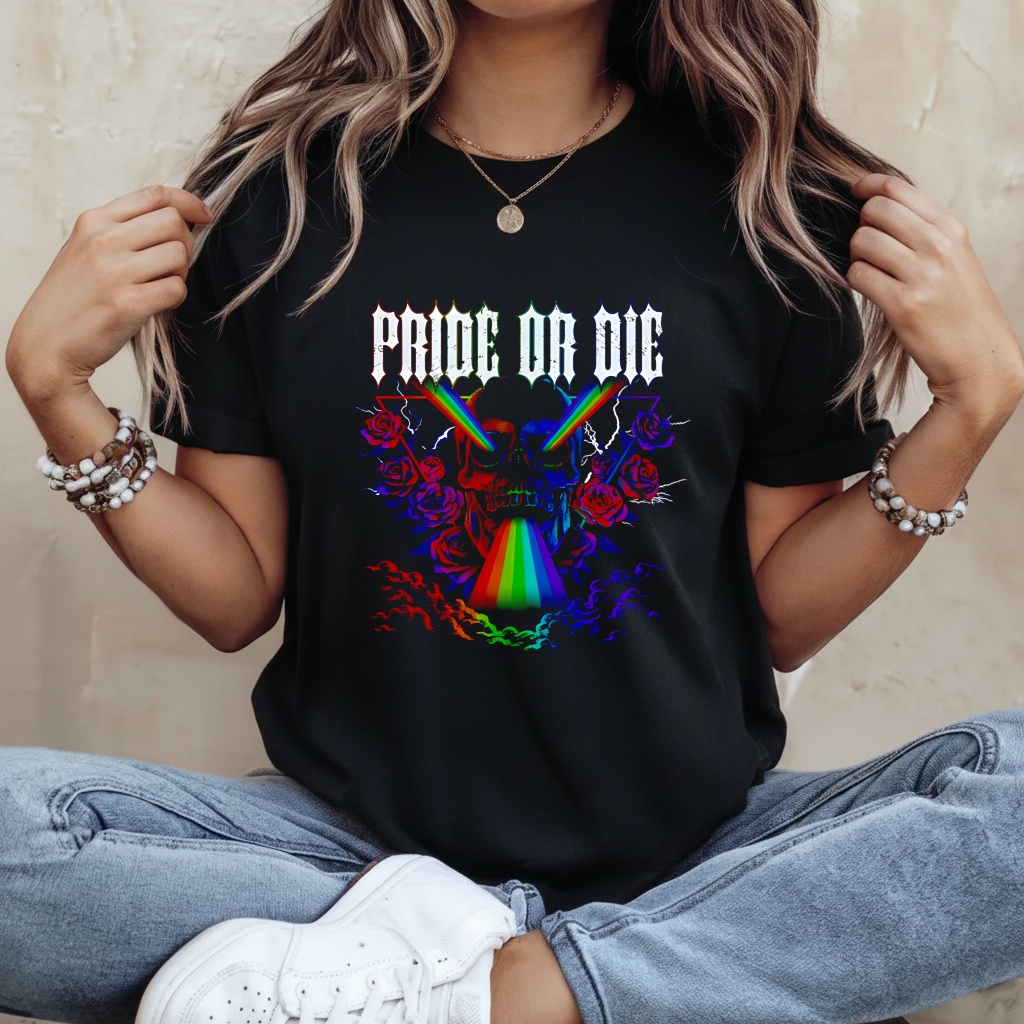 Pride or Die Skull rainbow graphic shirt