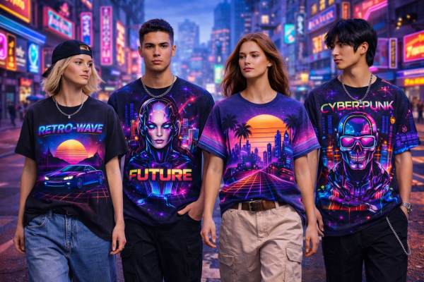 retro futuristic graphic tee design trending graphic tees 2026 neon cyber streetwear style
